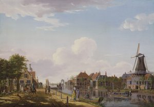 Hollantilainen kanavakohtaus tyylikkäillä hahmoilla ja myllyllä, 1777